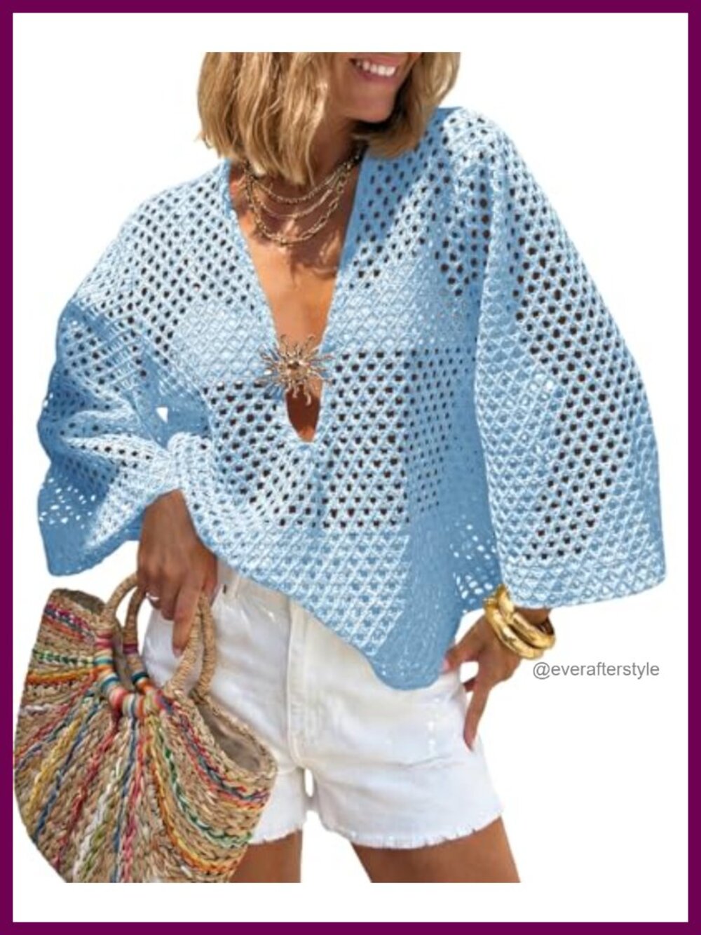 Womens Crochet Mesh Knit Beach Cover Up Top 3/4 Sleeve V Neck Swim Coverup